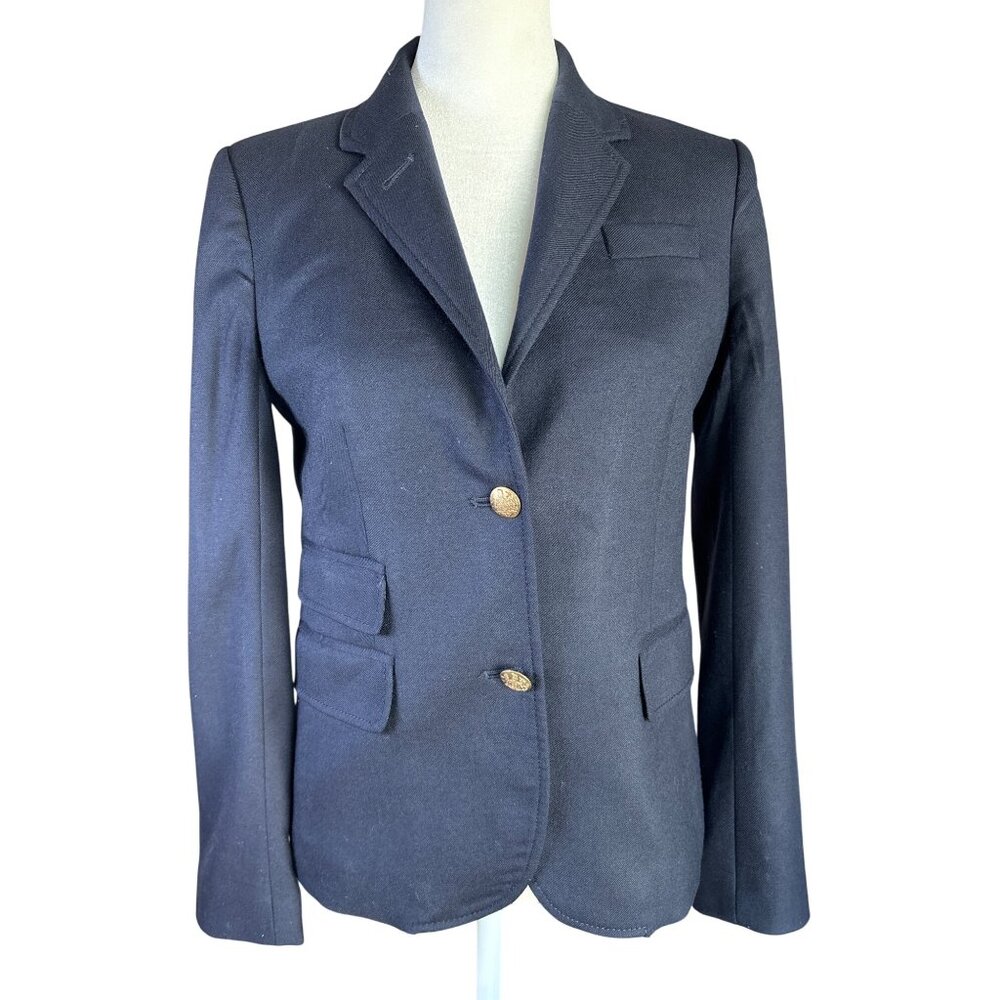 J. Crew Original Schoolboy Blazer Size 2 Fitted Gold Embossed Buttons Stripe Lin